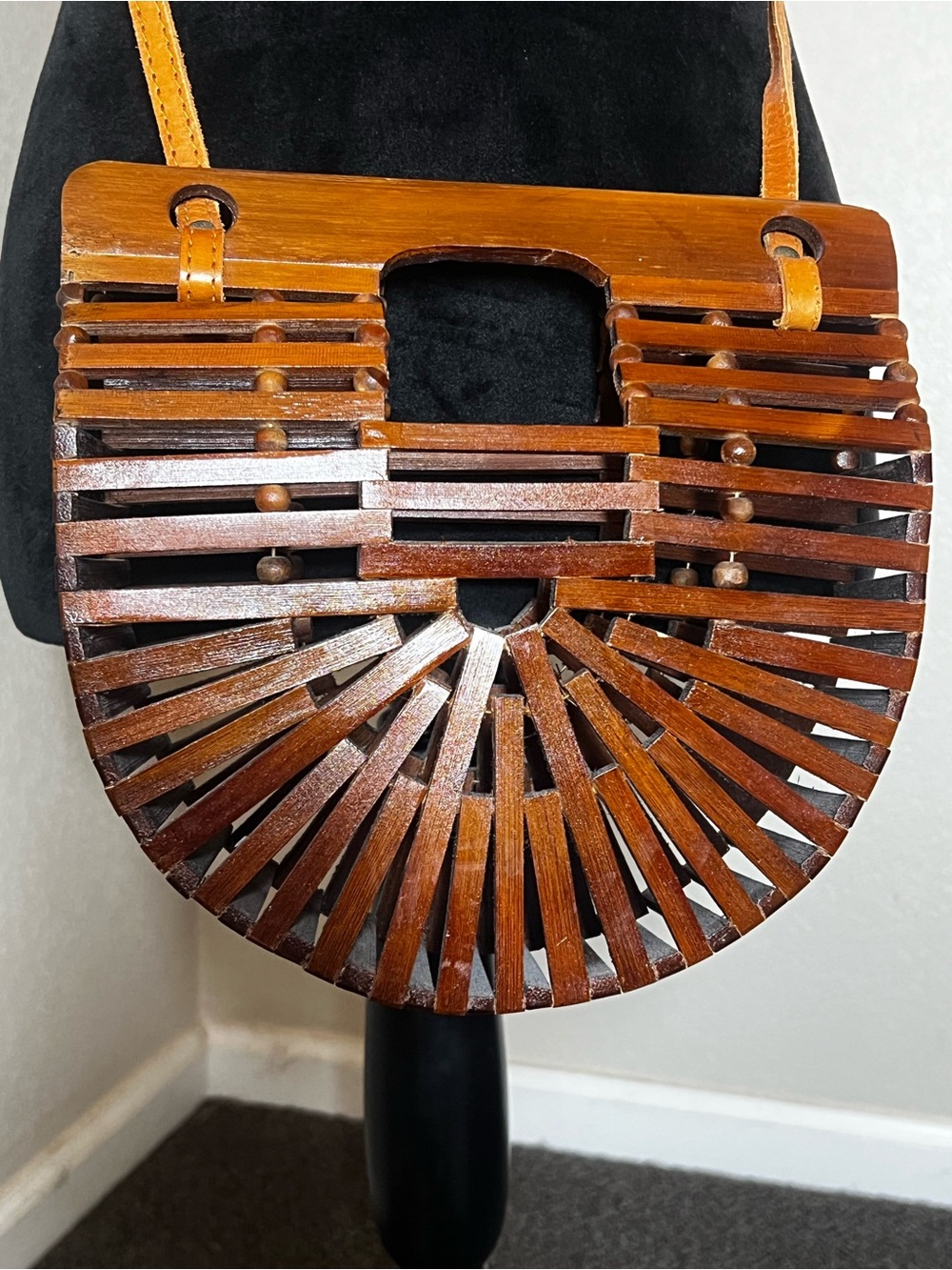Brown Wooden Slatted Crossbody Bag - Women's Fashion
